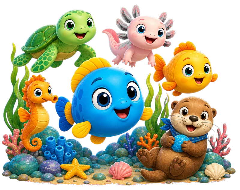 Glubbo buddy mascots with fish, goldfish, axolotl, turtle, seahorse, and otter