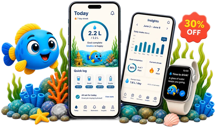 Glubbo app preview marketing asset with Today, Insights, and smartwatch reminder surfaces