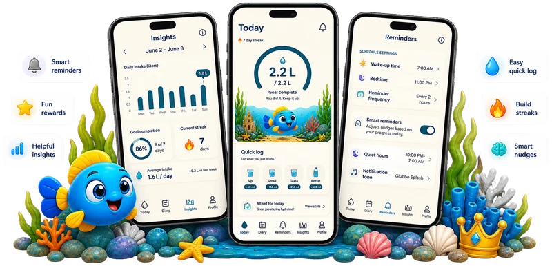 Glubbo Today, Insights, and Reminders marketing showcase