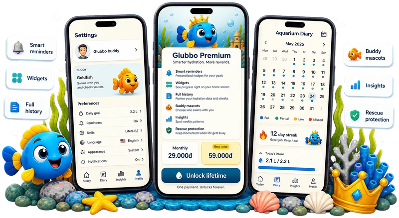 Glubbo Settings, Premium, and Aquarium Diary marketing showcase